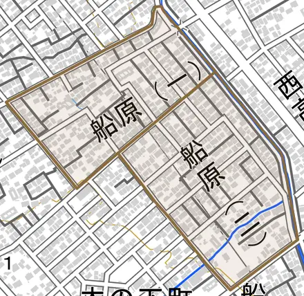 船原とその周辺の地図。町の範囲を重ねている