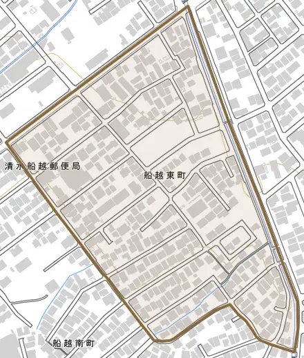 船越東町とその周辺の地図。町の範囲を重ねている