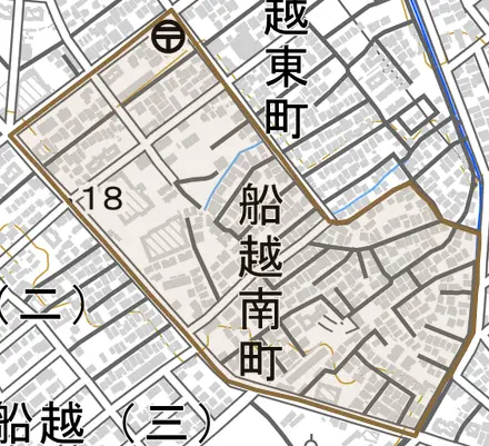 船越南町とその周辺の地図。町の範囲を重ねている