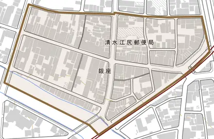銀座とその周辺の地図。町の範囲を重ねている