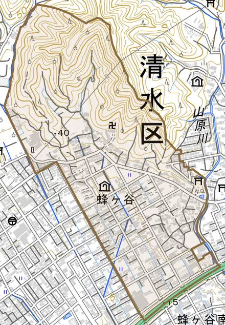 蜂ヶ谷とその周辺の地図。町の範囲を重ねている