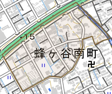 蜂ヶ谷南町とその周辺の地図。町の範囲を重ねている