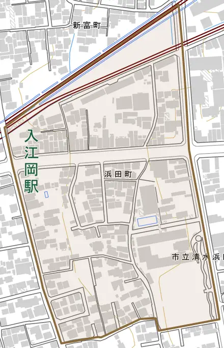 浜田町とその周辺の地図。町の範囲を重ねている