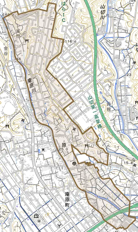 原とその周辺の地図。町の範囲を重ねている