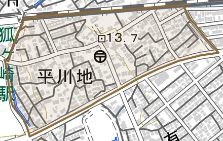 平川地とその周辺の地図。町の範囲を重ねている