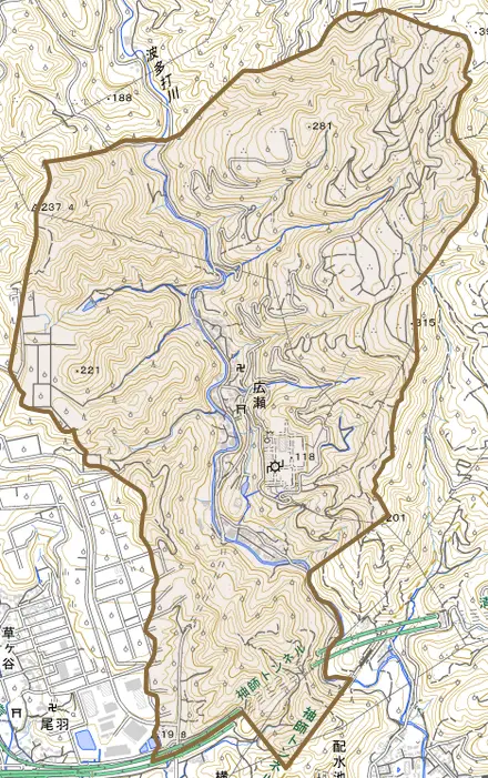 広瀬とその周辺の地図。町の範囲を重ねている