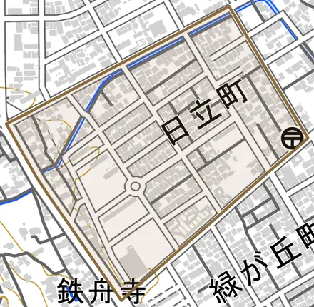 日立町とその周辺の地図。町の範囲を重ねている