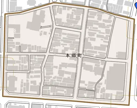 本郷町とその周辺の地図。町の範囲を重ねている