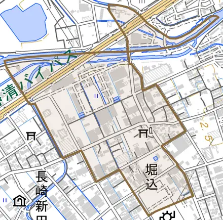 堀込とその周辺の地図。町の範囲を重ねている