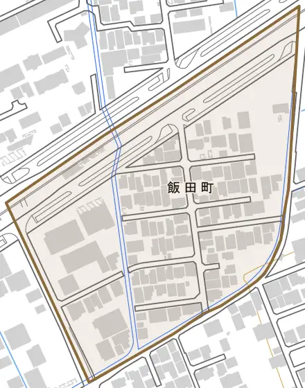 飯田町とその周辺の地図。町の範囲を重ねている