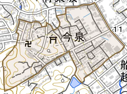 今泉とその周辺の地図。町の範囲を重ねている