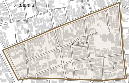 入江南町とその周辺の地図。町の範囲を重ねている
