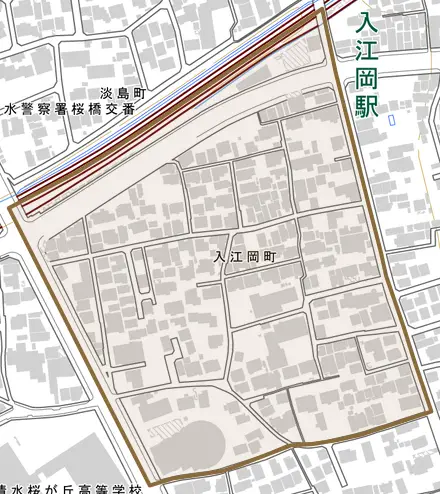 入江岡町とその周辺の地図。町の範囲を重ねている