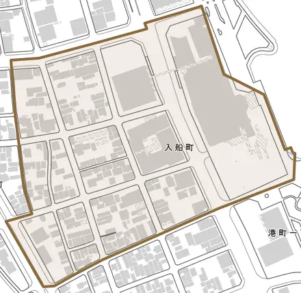 入船町とその周辺の地図。町の範囲を重ねている