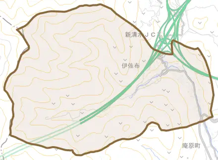 伊佐布とその周辺の地図。町の範囲を重ねている