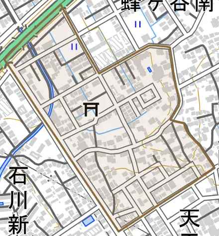 石川本町とその周辺の地図。町の範囲を重ねている