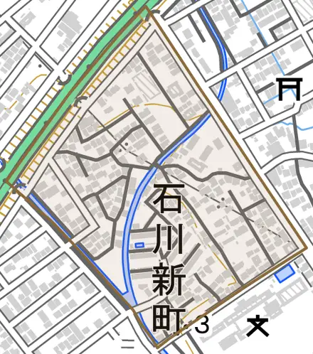 石川新町とその周辺の地図。町の範囲を重ねている