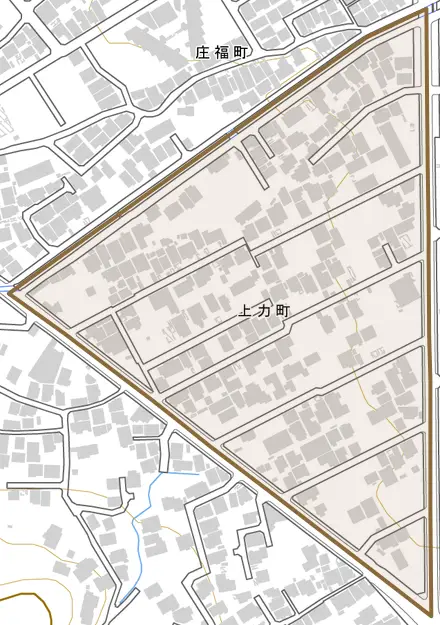 上力町とその周辺の地図。町の範囲を重ねている