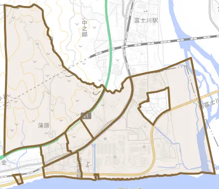 蒲原とその周辺の地図。町の範囲を重ねている
