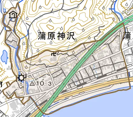 蒲原神沢とその周辺の地図。町の範囲を重ねている