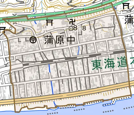 蒲原中とその周辺の地図。町の範囲を重ねている