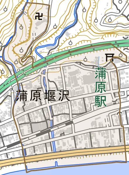 蒲原堰沢とその周辺の地図。町の範囲を重ねている
