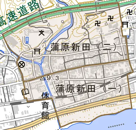 蒲原新田とその周辺の地図。町の範囲を重ねている