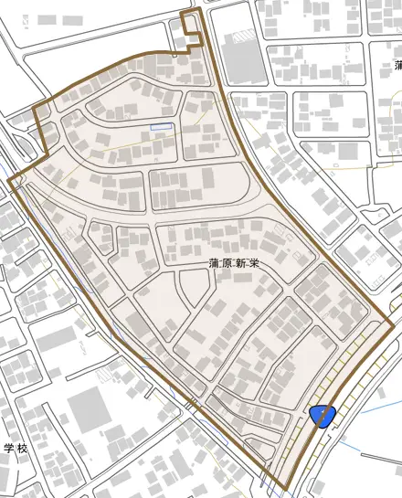 蒲原新栄とその周辺の地図。町の範囲を重ねている