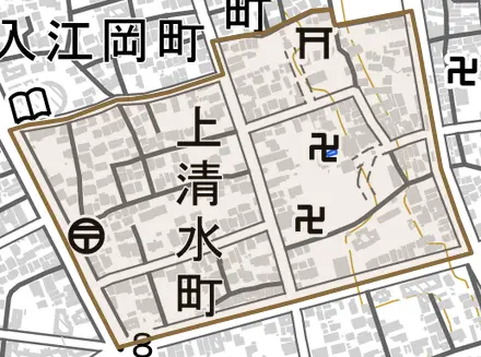 上清水町とその周辺の地図。町の範囲を重ねている