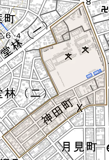 神田町とその周辺の地図。町の範囲を重ねている