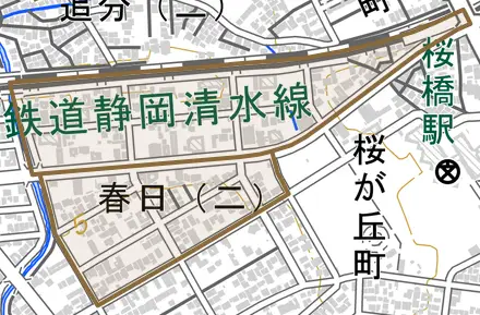 春日とその周辺の地図。町の範囲を重ねている
