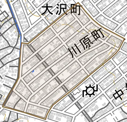 川原町とその周辺の地図。町の範囲を重ねている