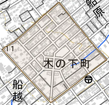 木の下町とその周辺の地図。町の範囲を重ねている