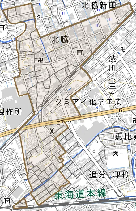 北脇とその周辺の地図。町の範囲を重ねている