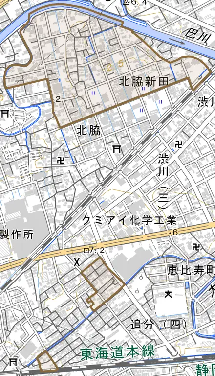 北脇新田とその周辺の地図。町の範囲を重ねている