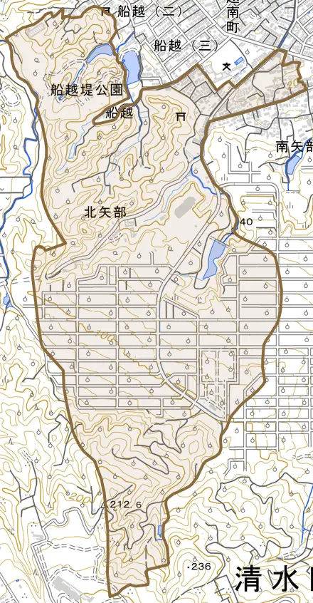 北矢部とその周辺の地図。町の範囲を重ねている