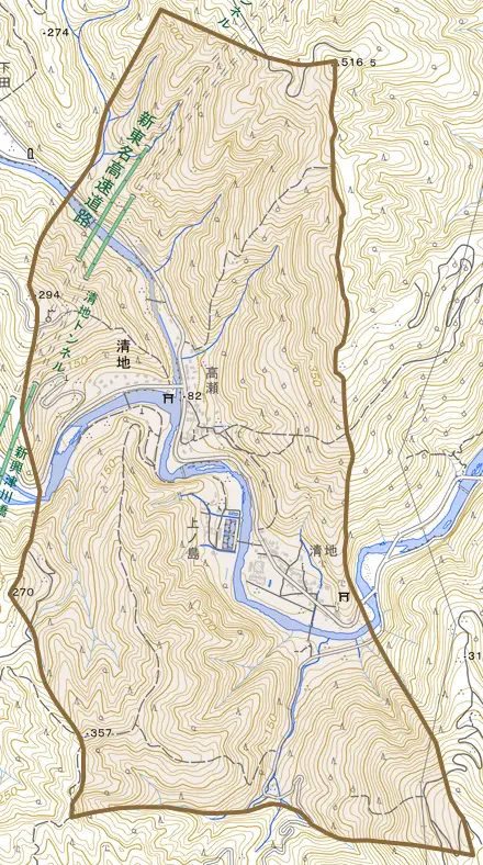 清地とその周辺の地図。町の範囲を重ねている