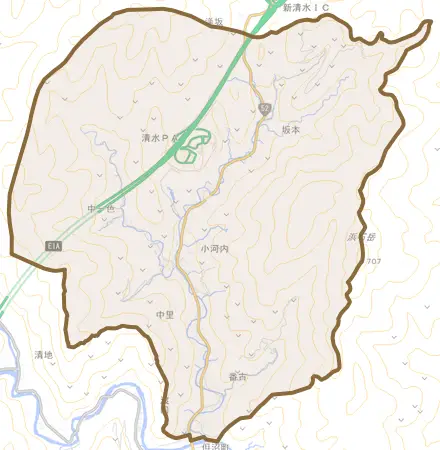 小河内とその周辺の地図。町の範囲を重ねている
