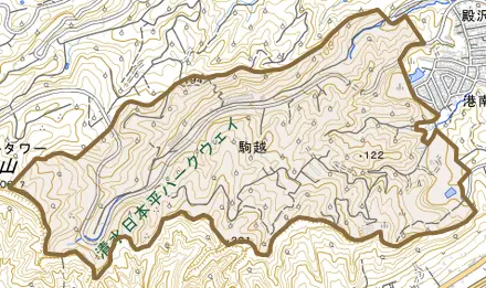 駒越とその周辺の地図。町の範囲を重ねている
