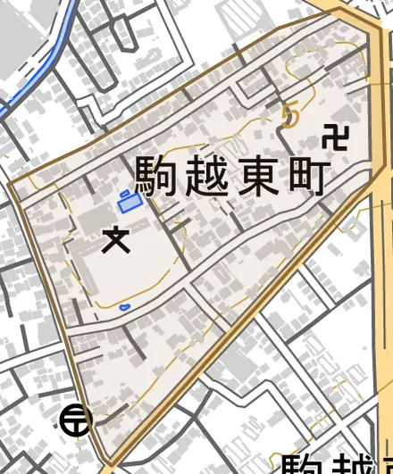駒越東町とその周辺の地図。町の範囲を重ねている