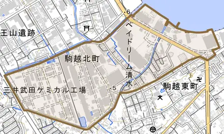 駒越北町とその周辺の地図。町の範囲を重ねている