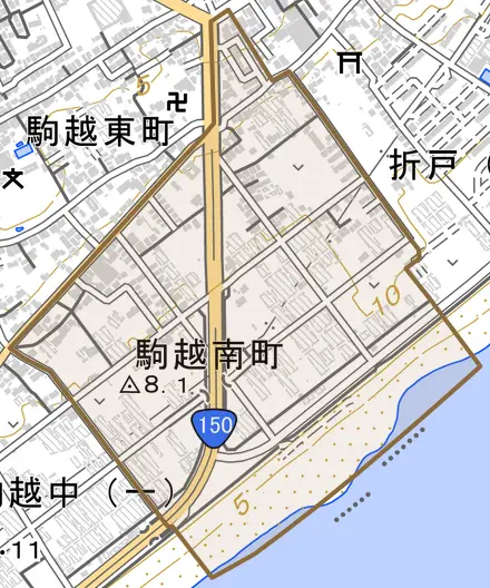 駒越南町とその周辺の地図。町の範囲を重ねている