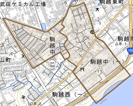 駒越中とその周辺の地図。町の範囲を重ねている