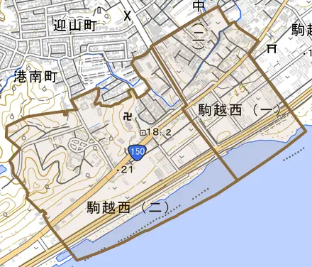駒越西とその周辺の地図。町の範囲を重ねている