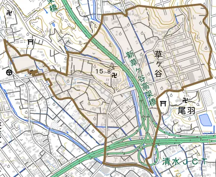 草ヶ谷とその周辺の地図。町の範囲を重ねている