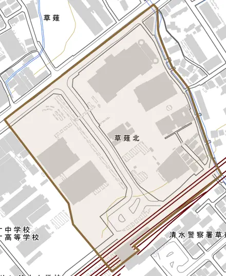 草薙北とその周辺の地図。町の範囲を重ねている