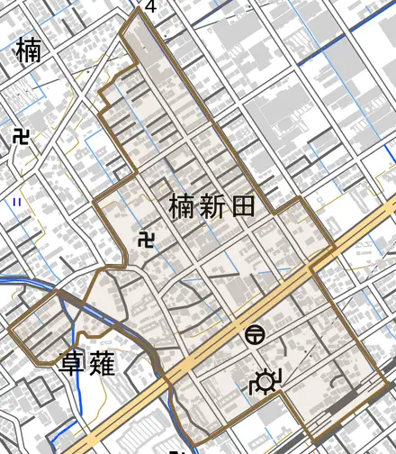 楠新田とその周辺の地図。町の範囲を重ねている
