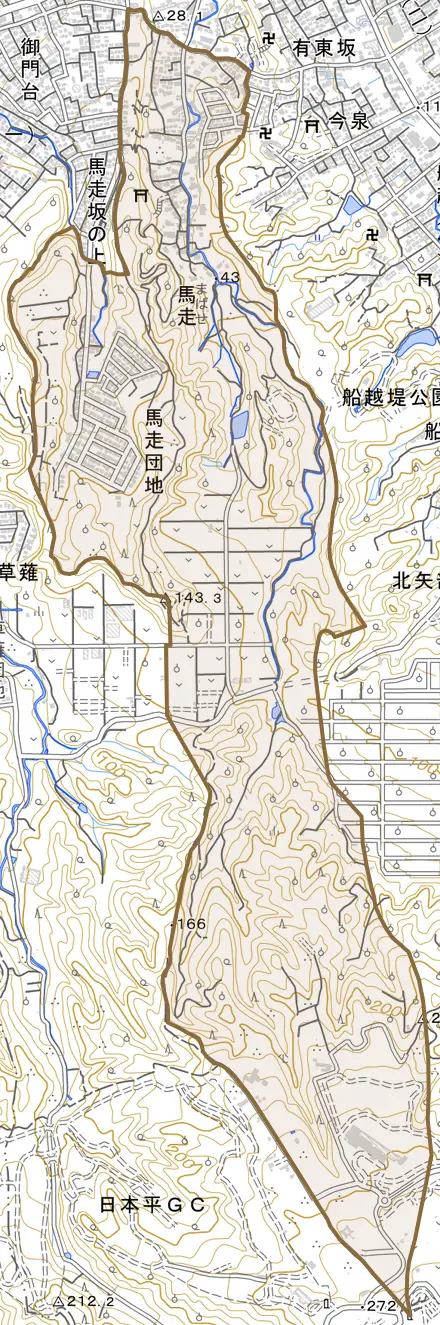 馬走とその周辺の地図。町の範囲を重ねている