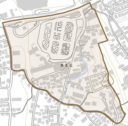 馬走北とその周辺の地図。町の範囲を重ねている