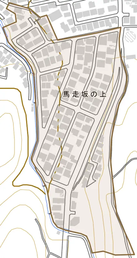 馬走坂の上とその周辺の地図。町の範囲を重ねている